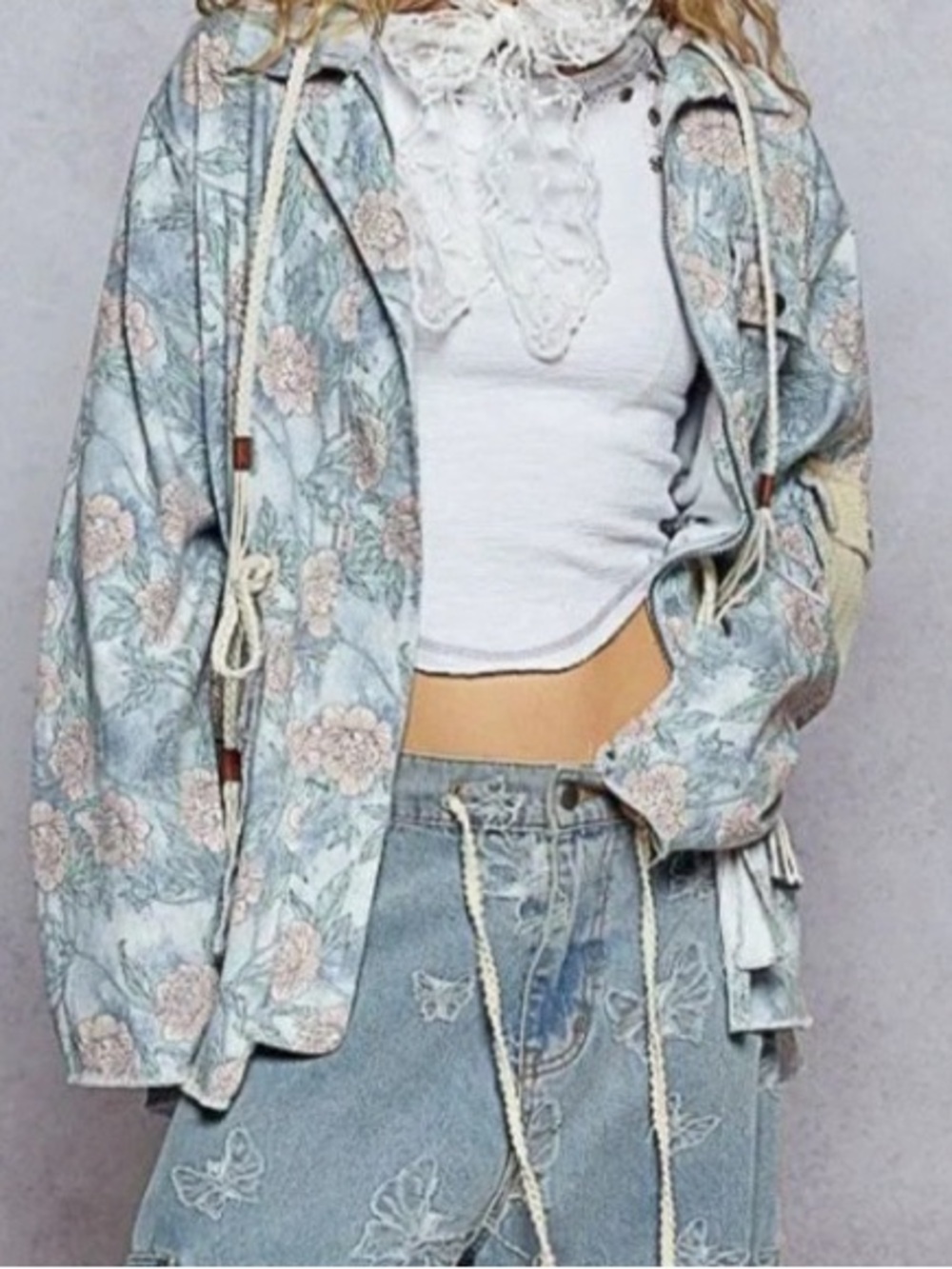 POL Pastel Floral Hooded Jean Jacket in Light Blue with Pink Accents
